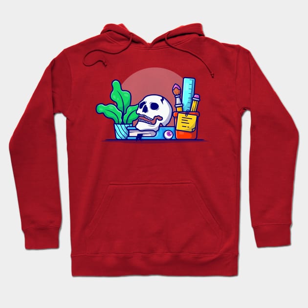 Creative Office Workspace with Skull, Book, and Plant Cartoon Vector Icon Illustration Hoodie by Catalyst Labs